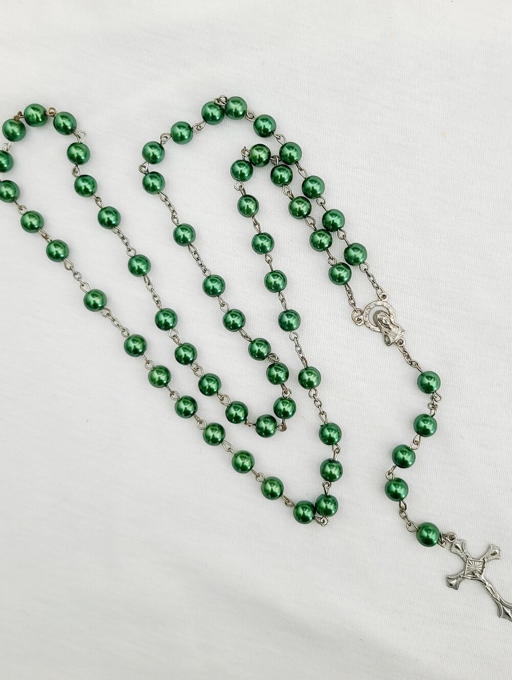 Green Bead Rosary Necklace with Silver Cross